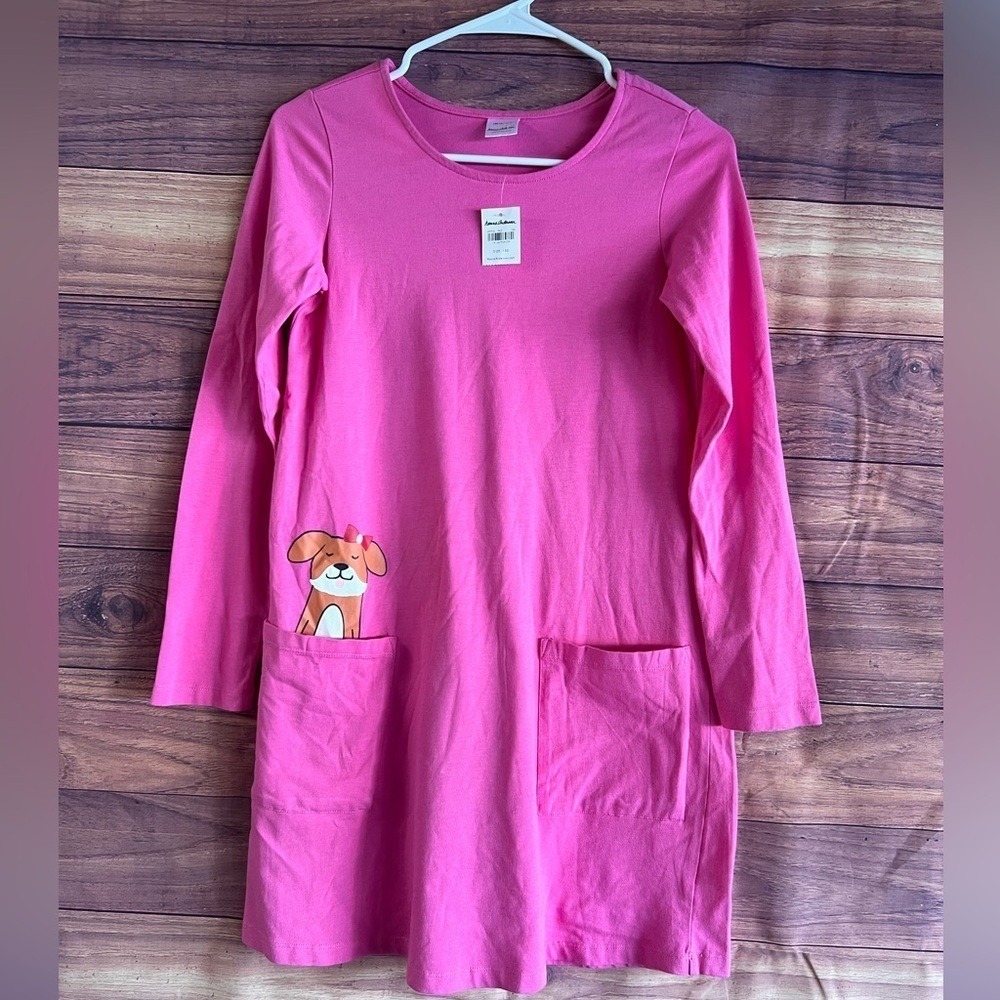 Hanna Andersson Girls Pink Dog Pocket Long Sleeve Knit Dress Size 150 US 12 NWT